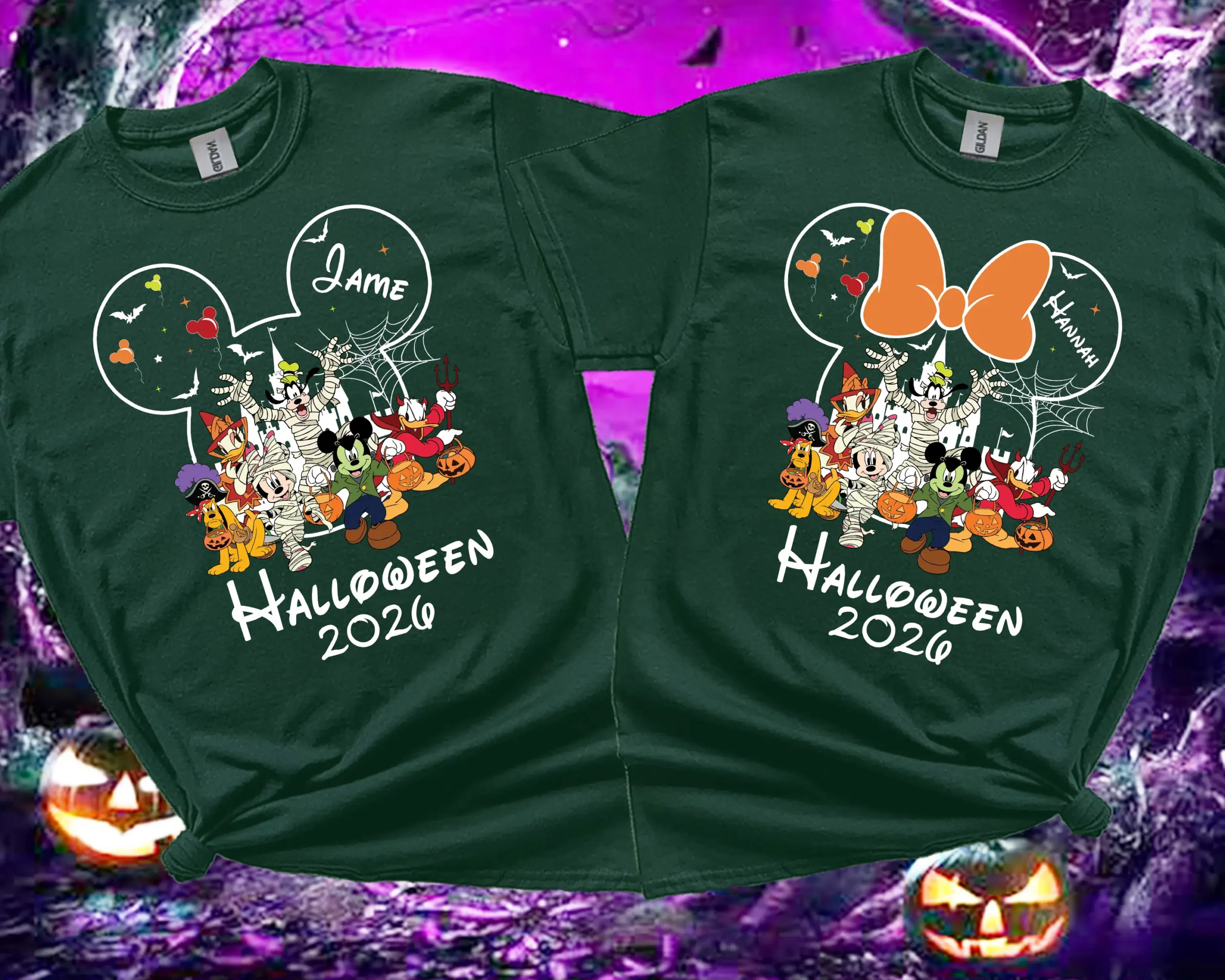 Personalised family matching Halloween 2026 T-shirts in forest green for adults and kids