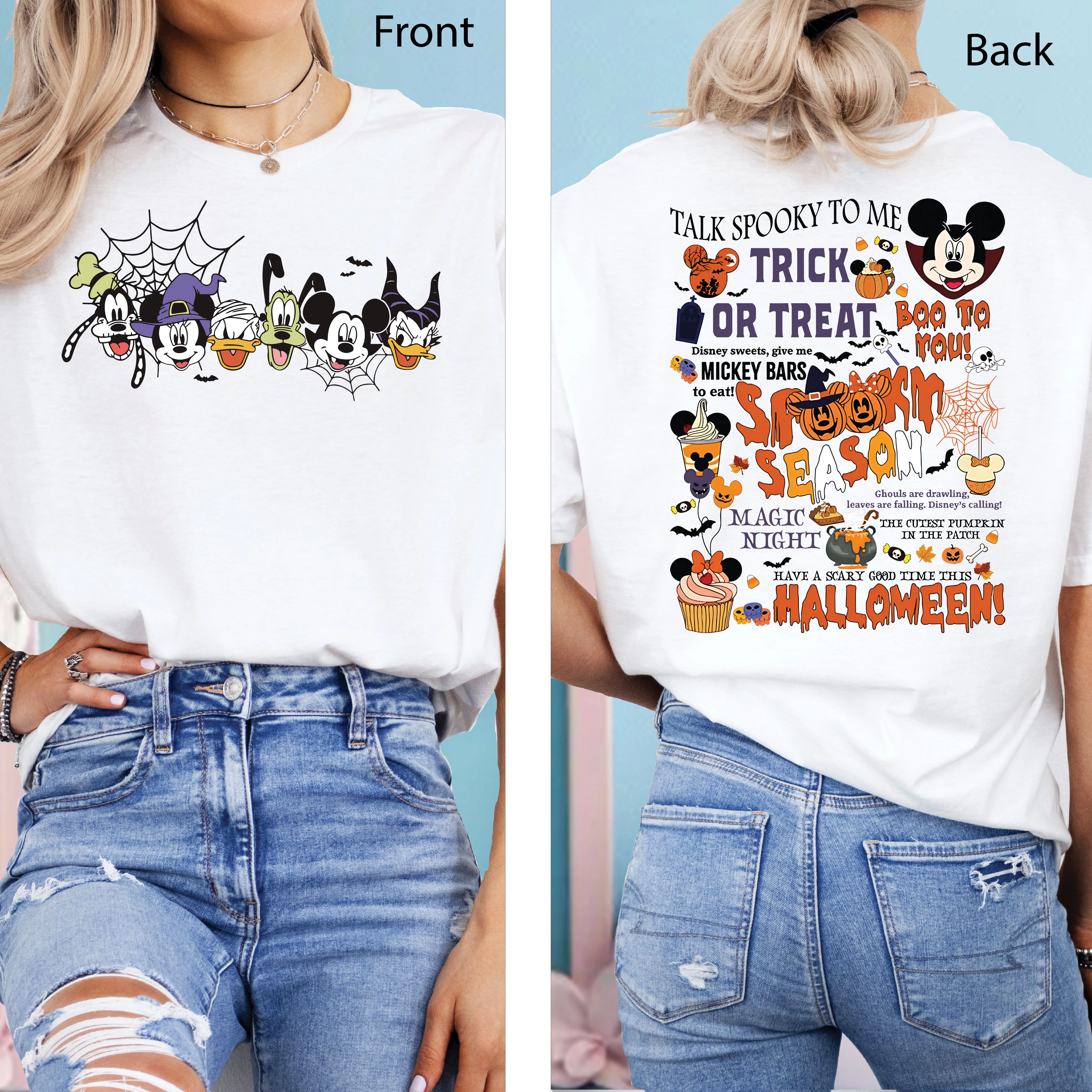 White Halloween spooky season T-shirt for women with front and back design