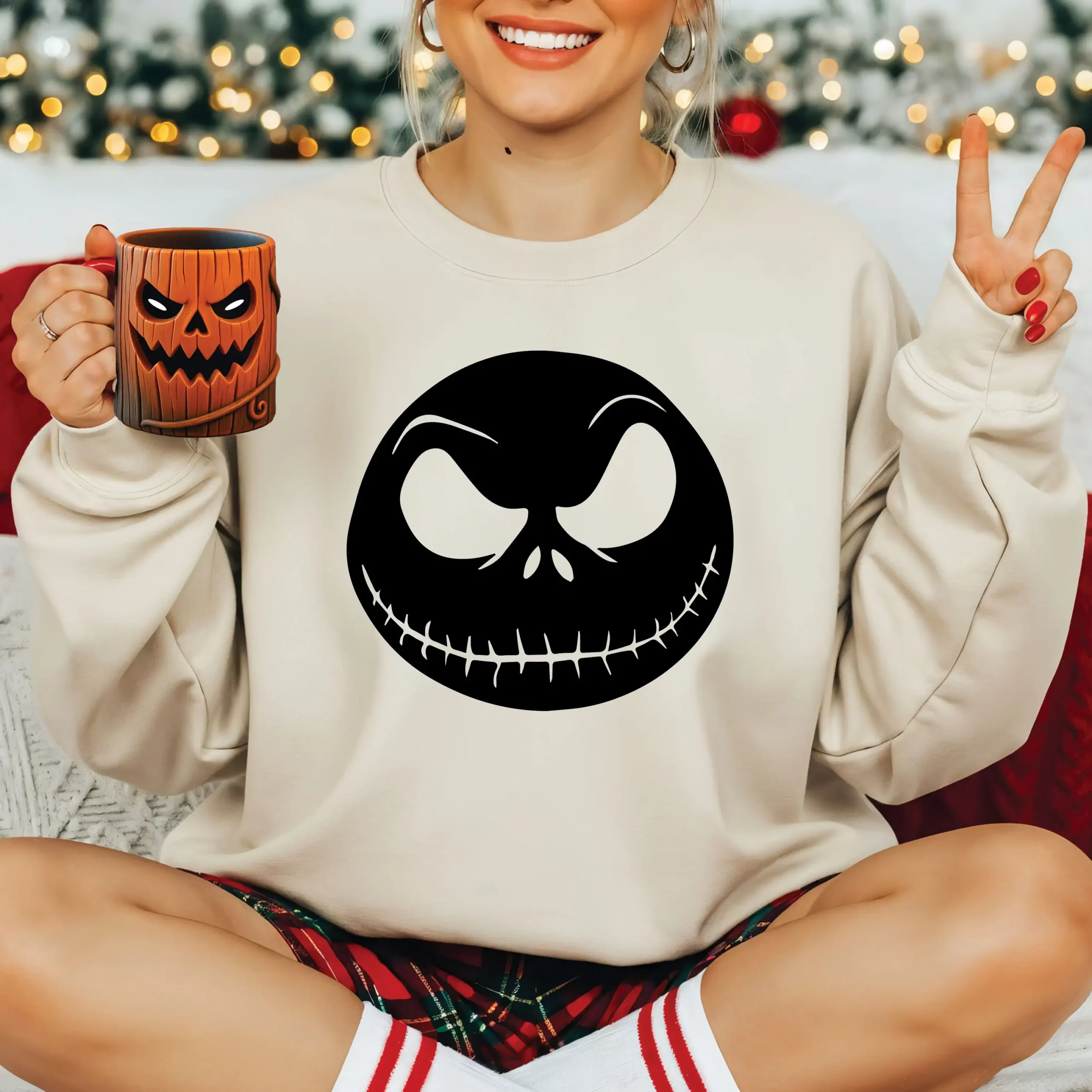 Halloween spooky face cream sweatshirt for men and women