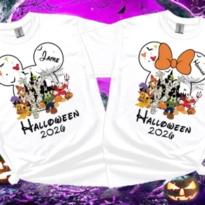 White personalised family matching Halloween T-shirts 2026 with custom names