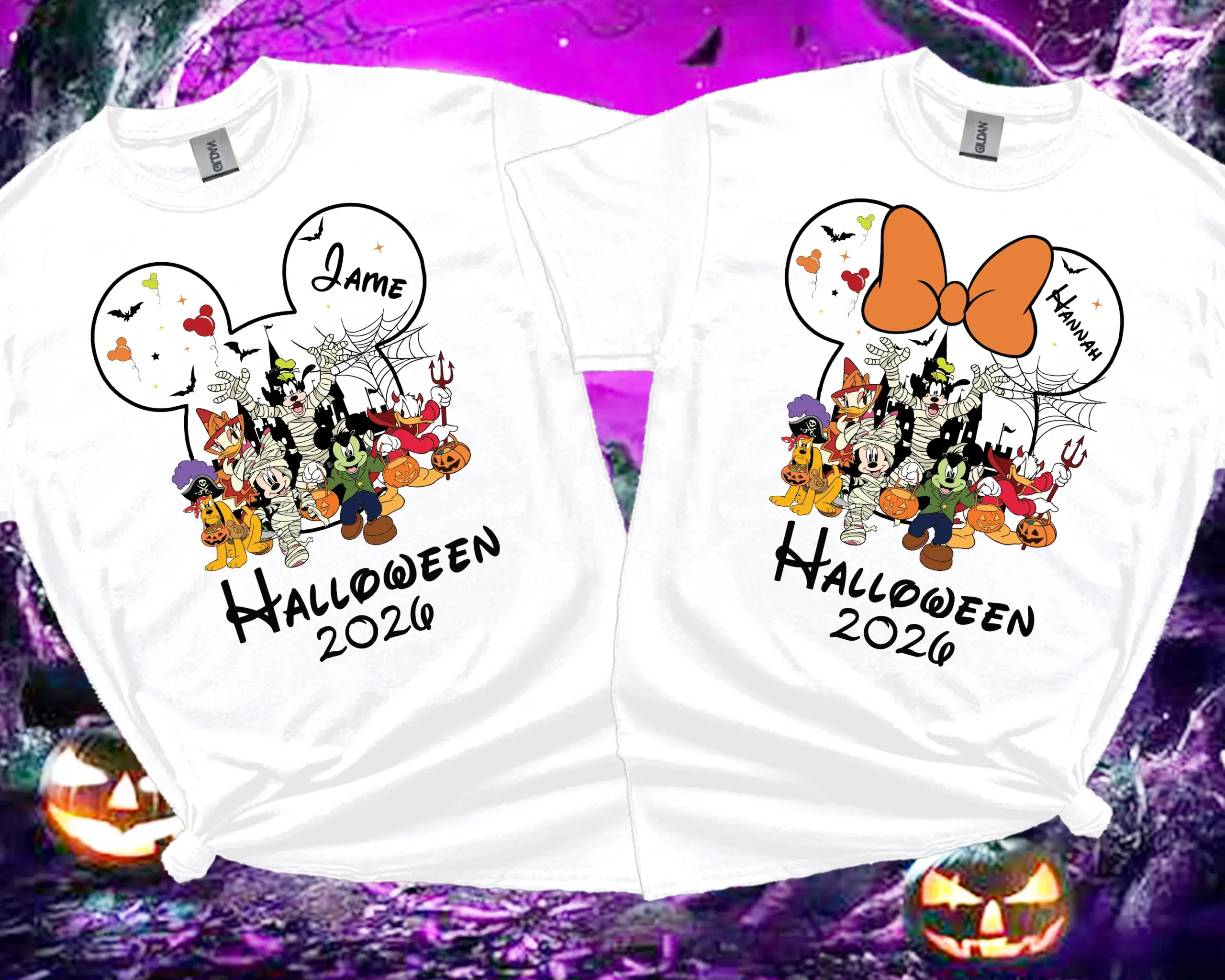 White personalised family matching Halloween T-shirts 2026 with custom names