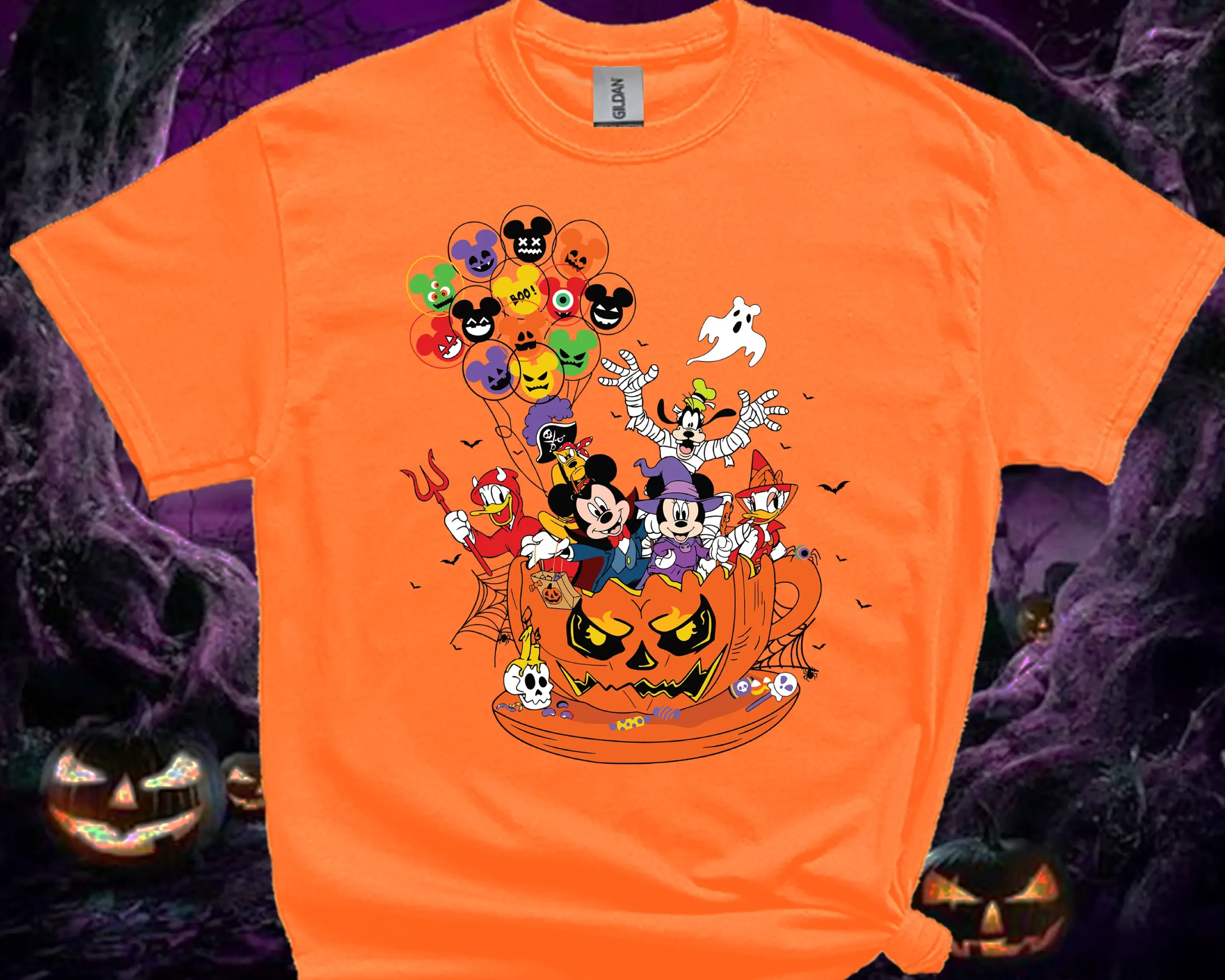 Orange Halloween family T-shirt with colourful spooky Halloween graphic