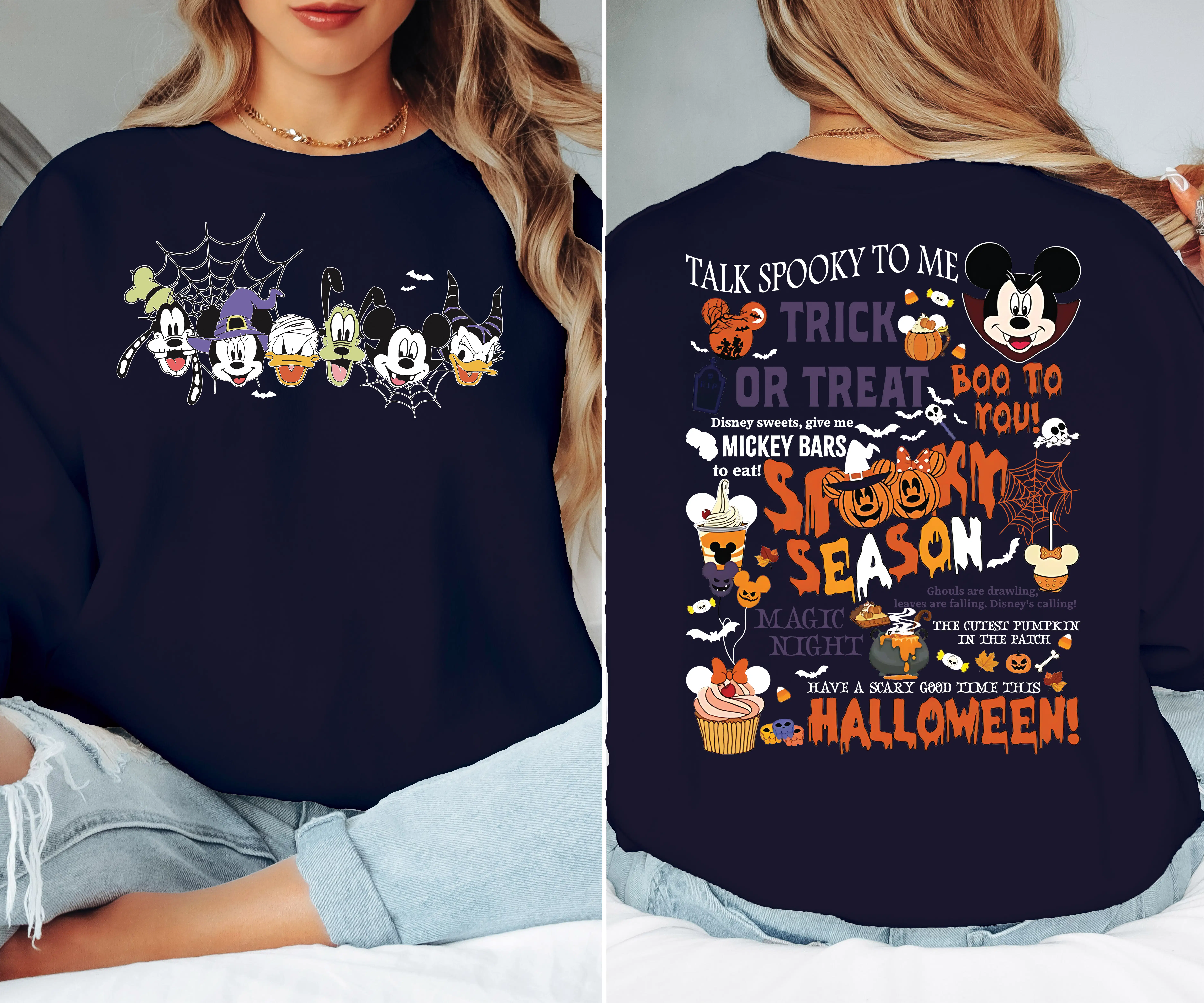 Navy Mickey and Friends Halloween sweatshirt 2026 front and back