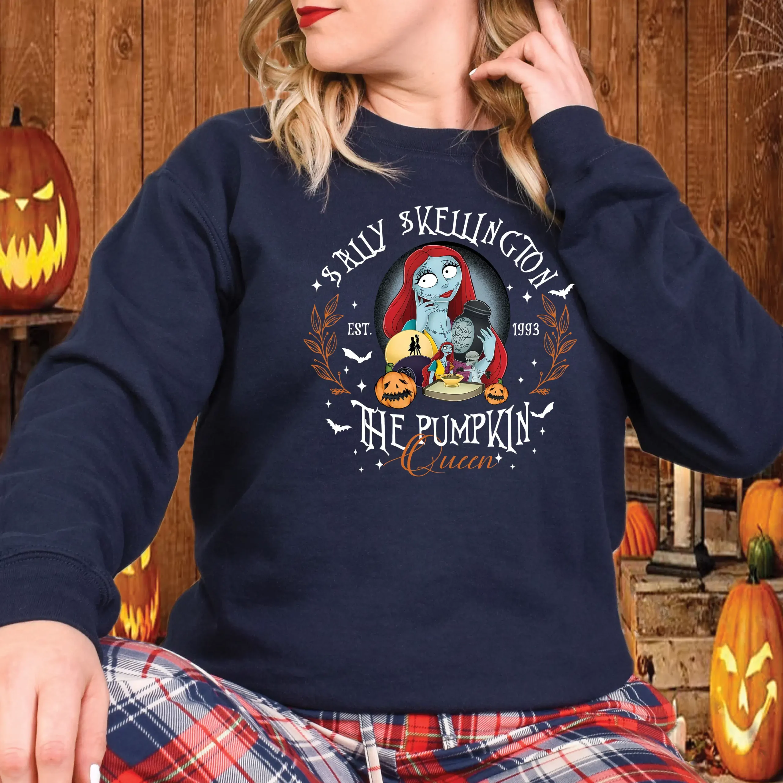 Navy Sally Skellington Pumpkin Queen Halloween sweatshirt for women