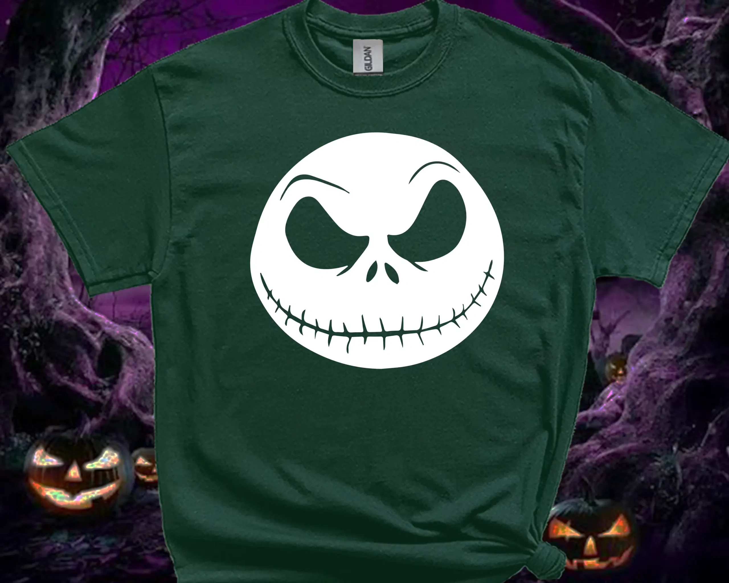 Halloween skull face family matching T-shirt in forest green
