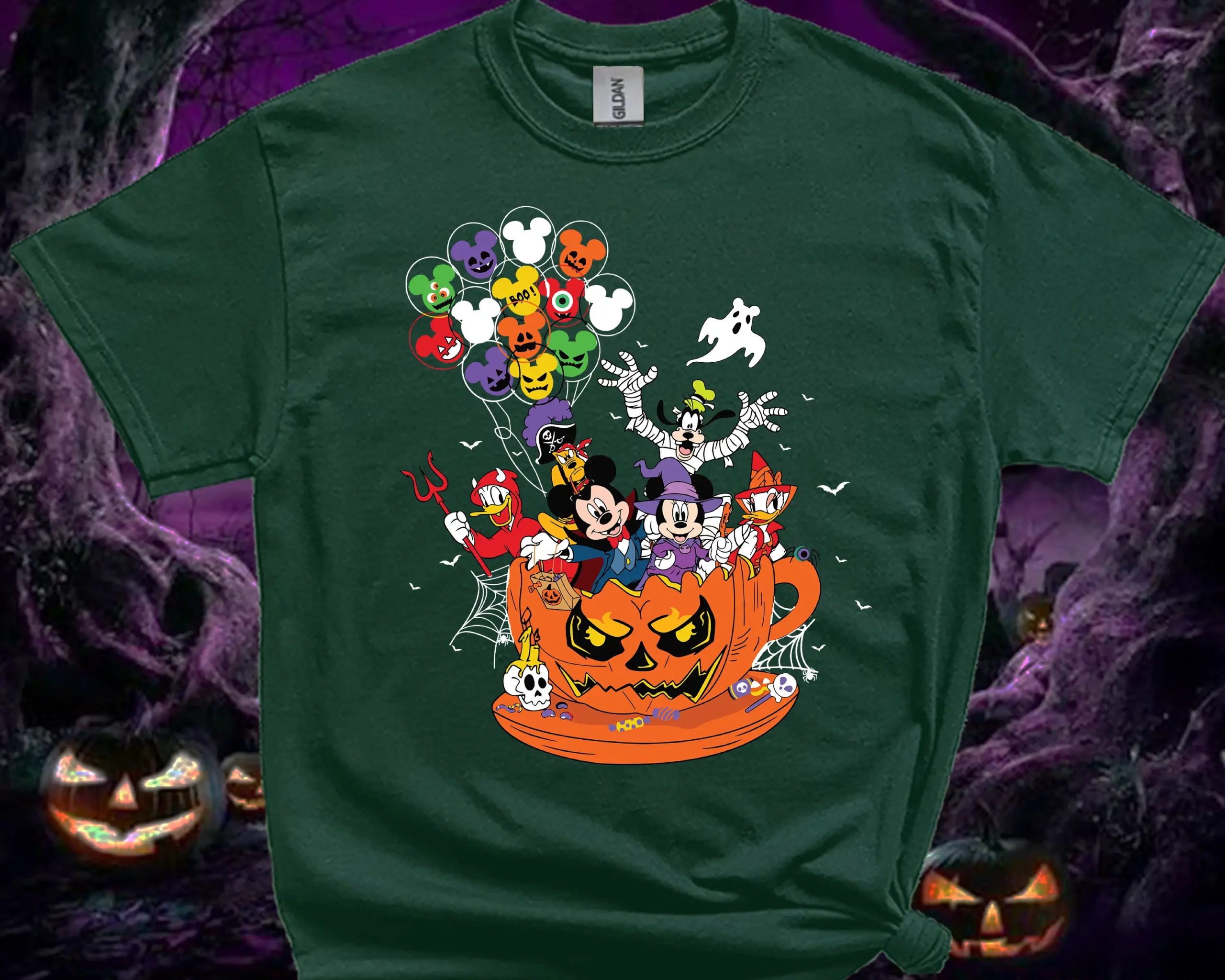 Halloween family T-shirt in forest green with colourful spooky character print