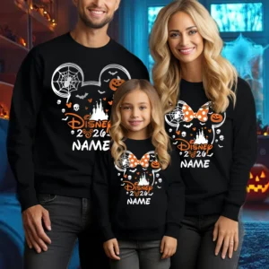 Family wearing matching personalised Halloween 2026 sweatshirts