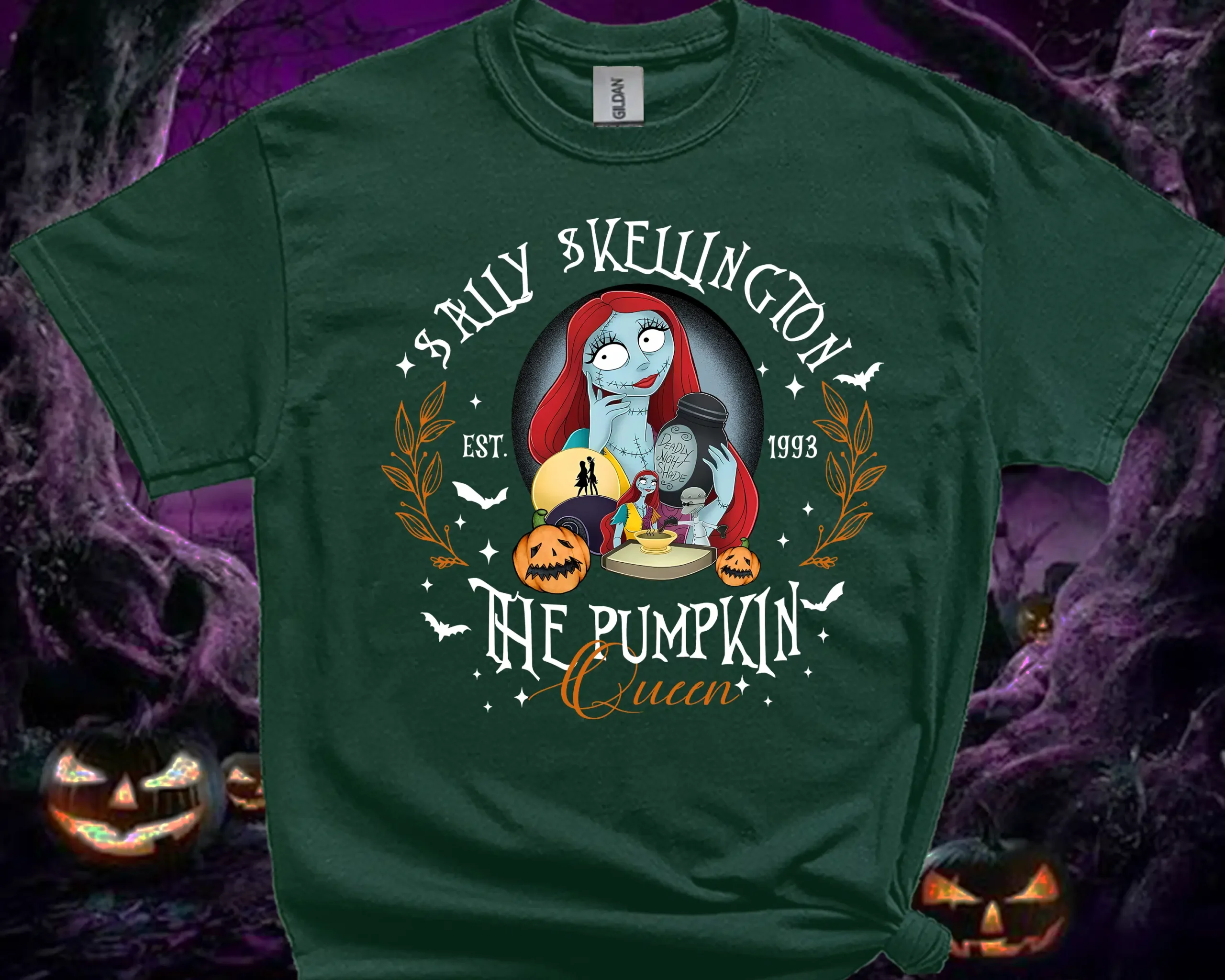 Forest Green Sally Skellington Pumpkin Queen Halloween T-Shirt