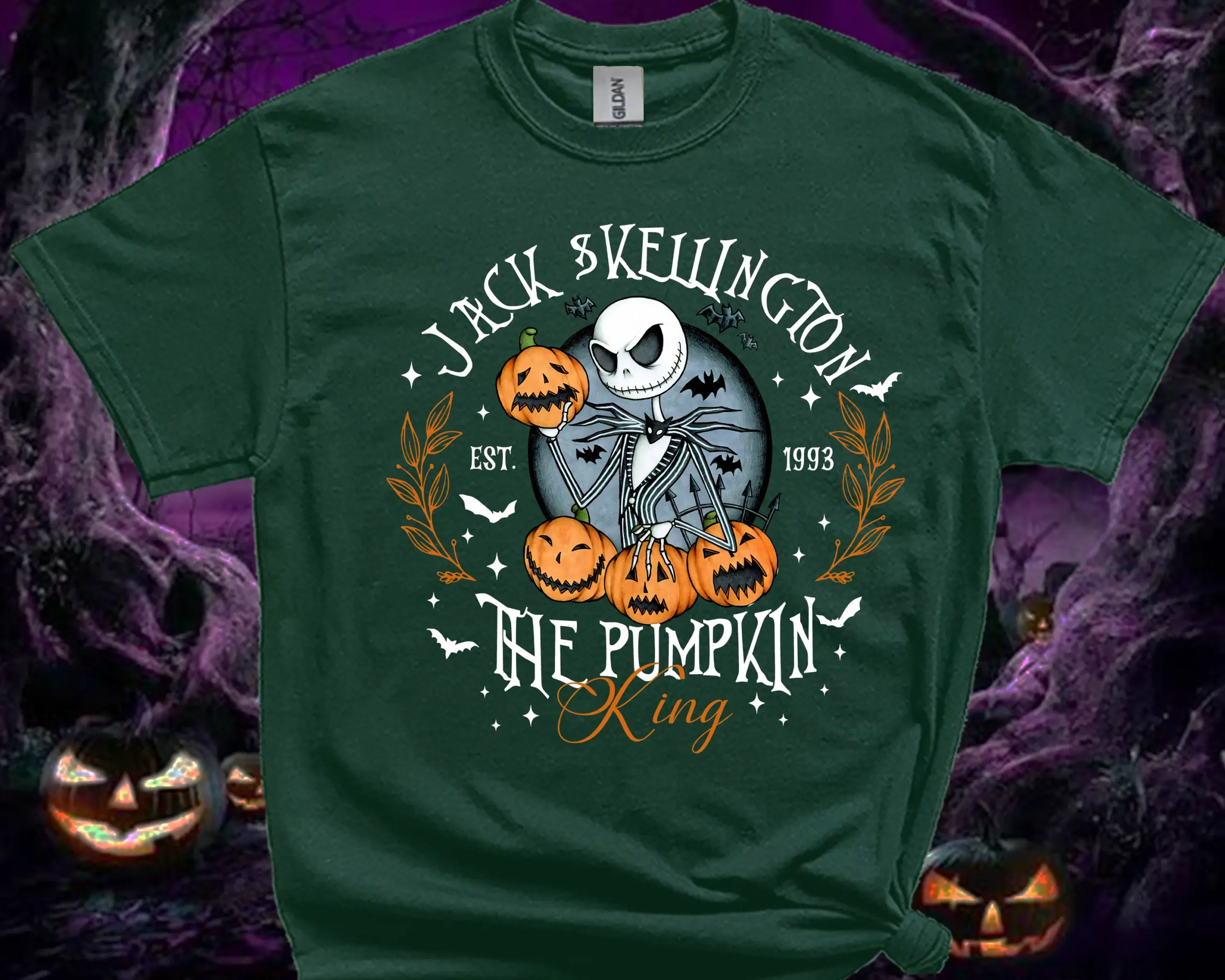 Forest Green Jack Skellington Pumpkin King Halloween T-shirt for adults and kids