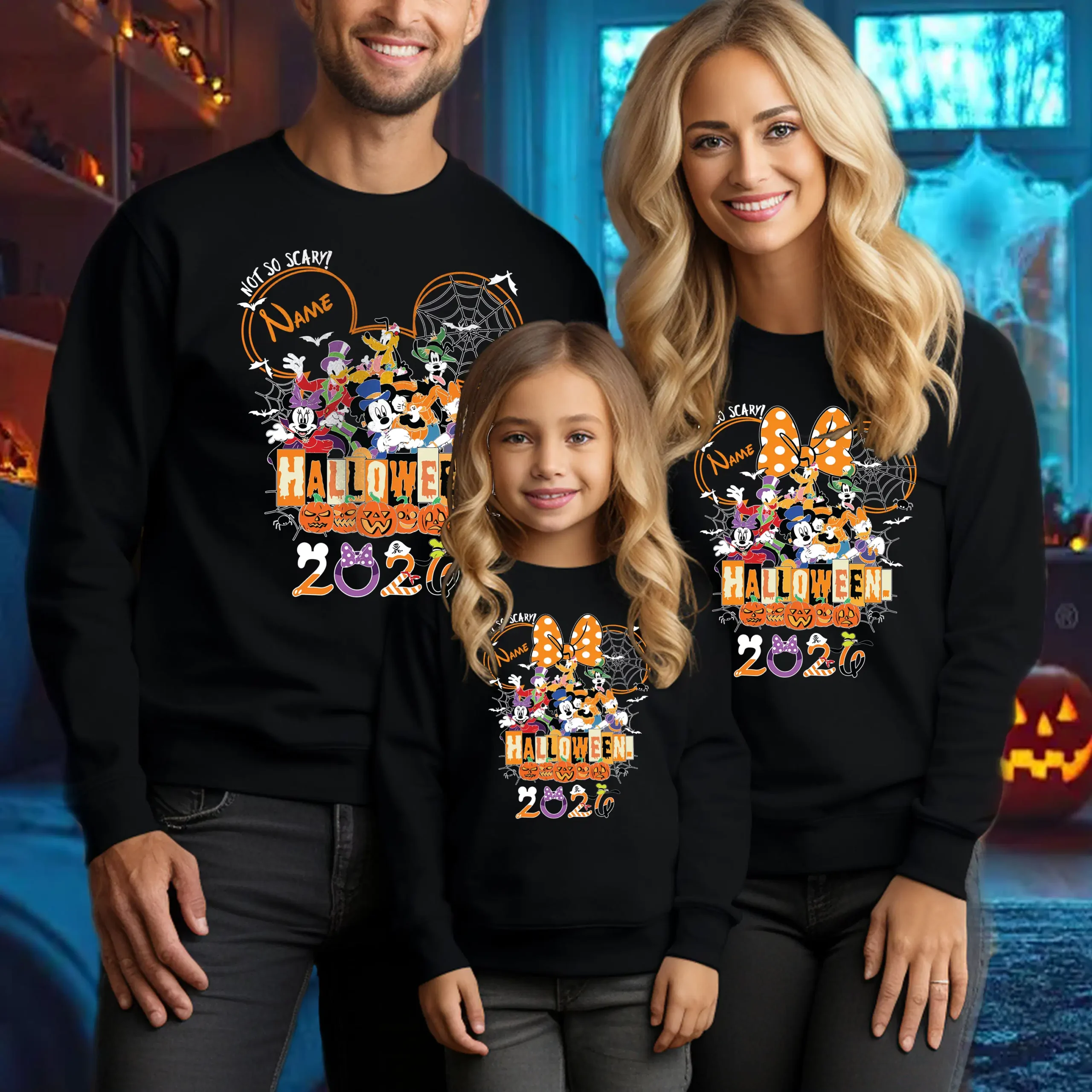 Family wearing personalised matching Halloween 2026 sweatshirts