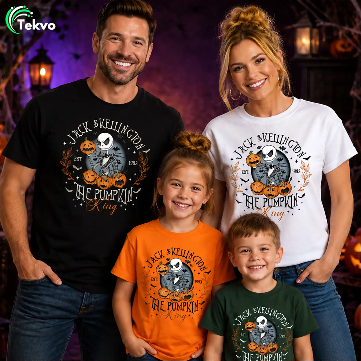 Family wearing matching Jack Skellington Pumpkin King Halloween T-shirts