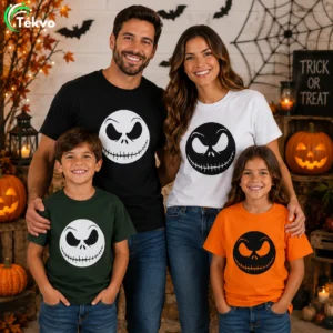 Family wearing matching Halloween skull face T-shirts for adults and kids