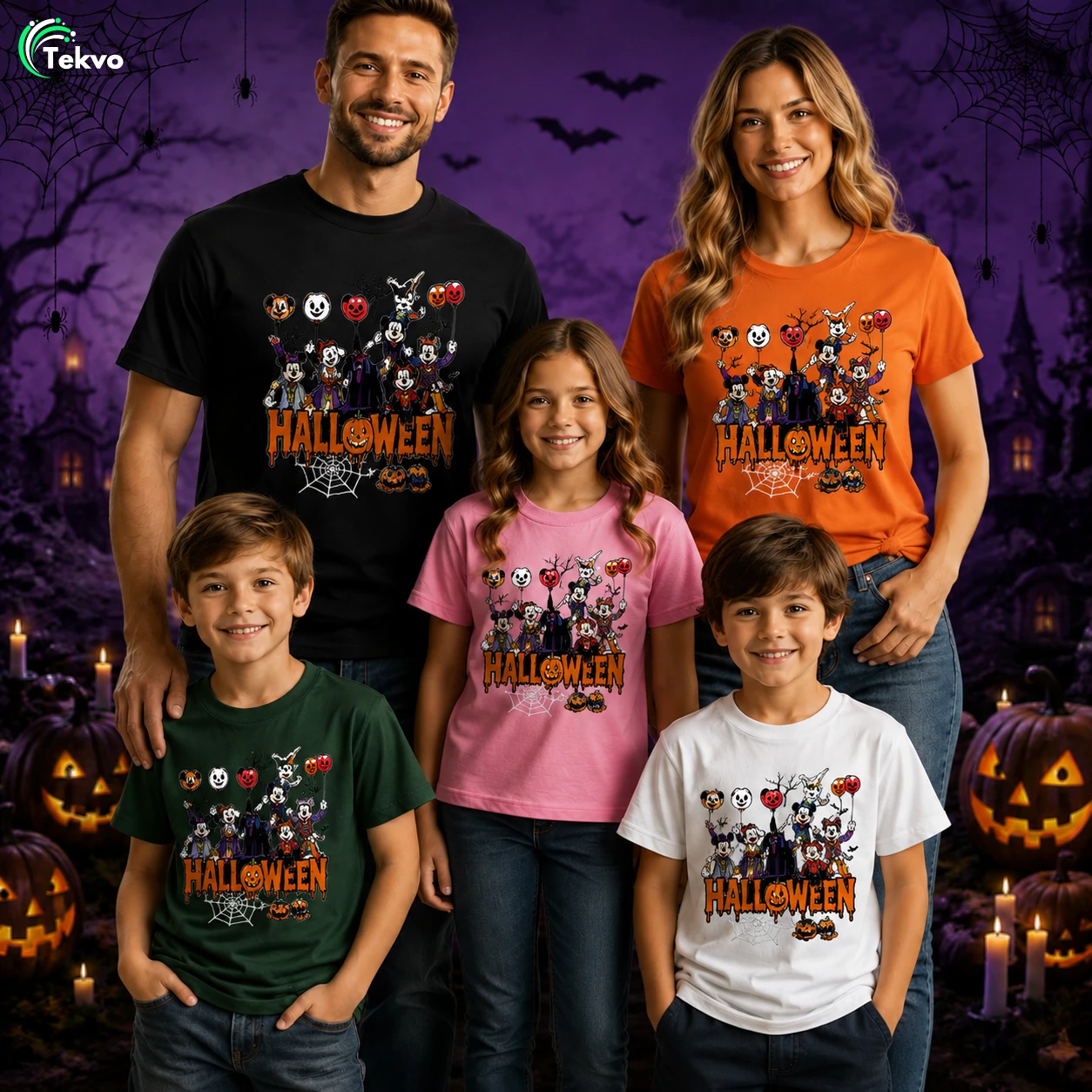 Family wearing personalised Halloween 2026 T-shirts for adults and kids