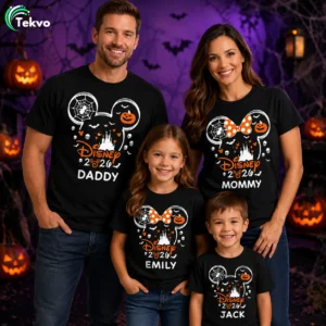 Family wearing personalised Halloween T-shirts 2026 for adults and kids