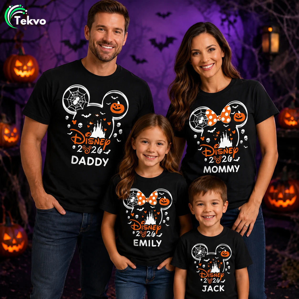 Family wearing personalised Halloween T-shirts 2026 for adults and kids