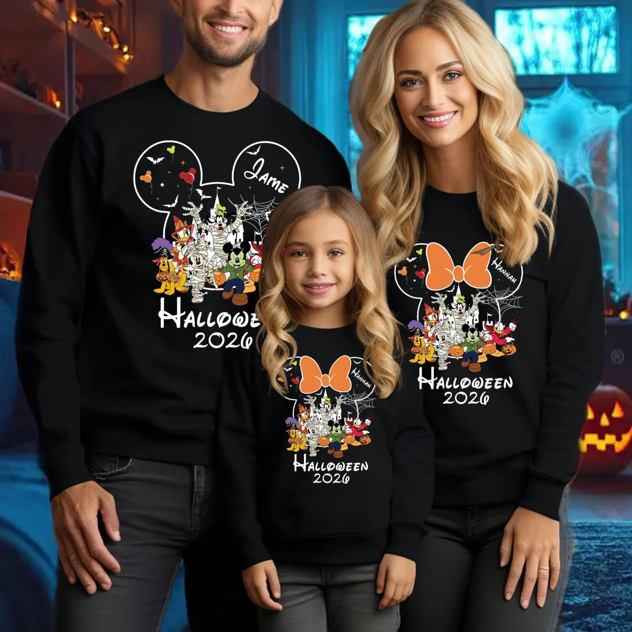 Personalised Halloween 2026 Family Matching Sweatshirts Family wearing personalised Halloween 2026 matching sweatshirts for adults and kids